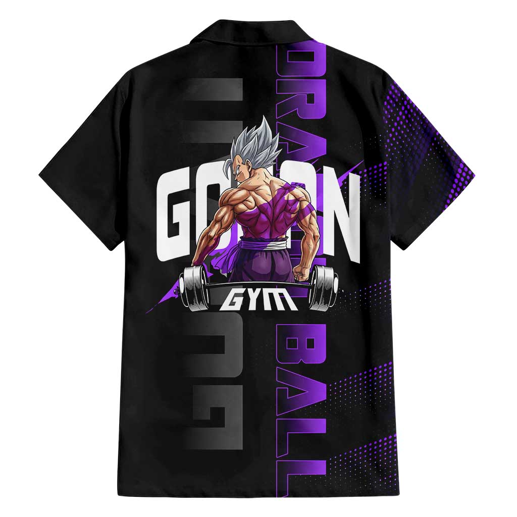 Gohan Dragon Ball Gym Theme Family Matching Mermaid Dress and Hawaiian Shirt with Dumbbell Power Lift and Electric Aura on Black and Purple Design