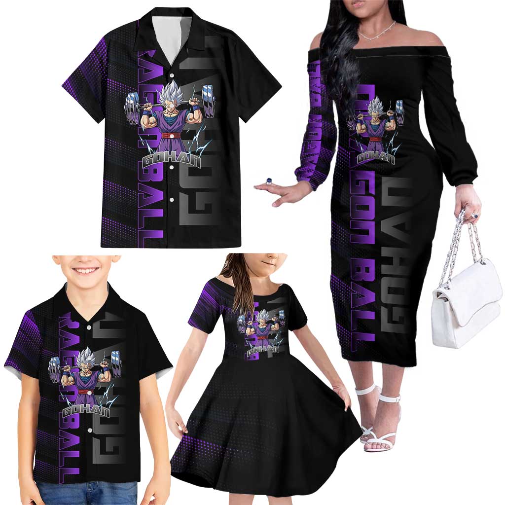 Gohan Dragon Ball Gym Theme Family Matching Off The Shoulder Long Sleeve Dress and Hawaiian Shirt with Dumbbell Power Lift and Electric Aura on Black and Purple Design
