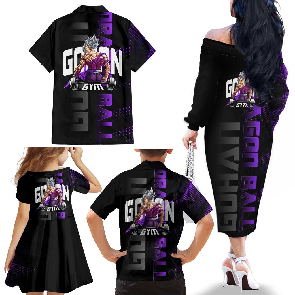 Gohan Dragon Ball Gym Theme Family Matching Off The Shoulder Long Sleeve Dress and Hawaiian Shirt with Dumbbell Power Lift and Electric Aura on Black and Purple Design