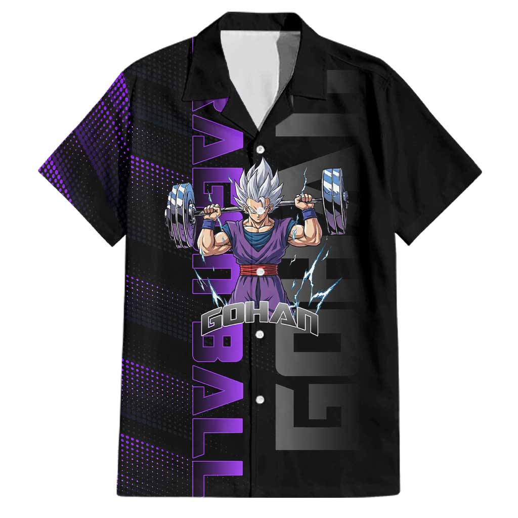Gohan Dragon Ball Gym Theme Family Matching Off The Shoulder Long Sleeve Dress and Hawaiian Shirt with Dumbbell Power Lift and Electric Aura on Black and Purple Design