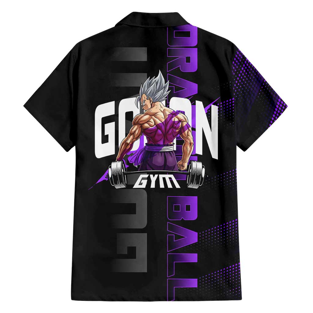 Gohan Dragon Ball Gym Theme Family Matching Off The Shoulder Long Sleeve Dress and Hawaiian Shirt with Dumbbell Power Lift and Electric Aura on Black and Purple Design