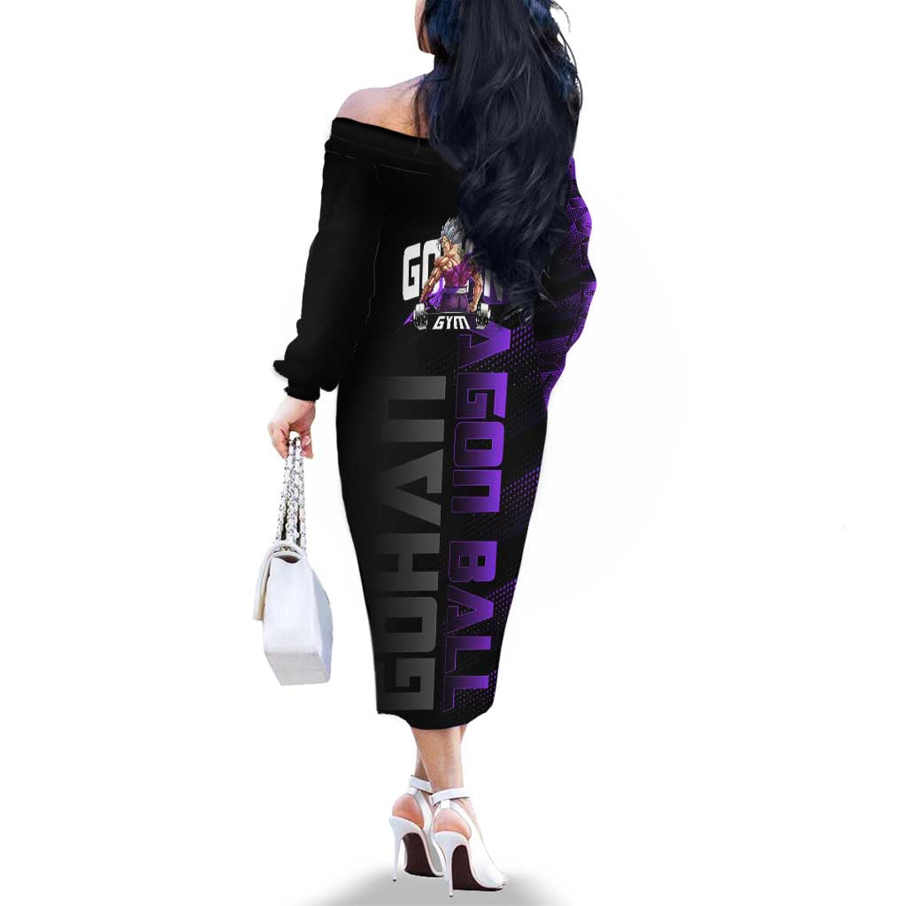 Gohan Dragon Ball Gym Theme Family Matching Off The Shoulder Long Sleeve Dress and Hawaiian Shirt with Dumbbell Power Lift and Electric Aura on Black and Purple Design