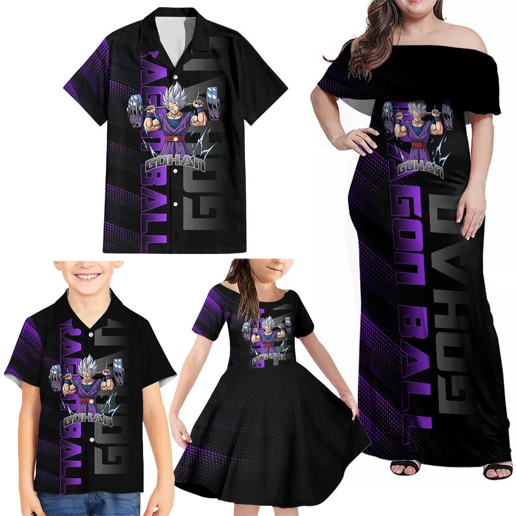 Gohan Dragon Ball Gym Theme Family Matching Off Shoulder Maxi Dress and Hawaiian Shirt with Dumbbell Power Lift and Electric Aura on Black and Purple Design