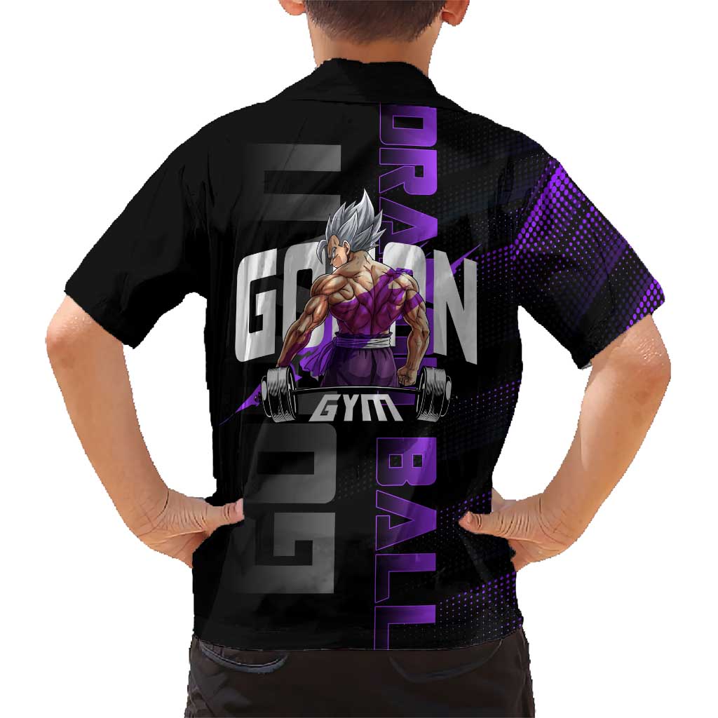Gohan Dragon Ball Gym Theme Family Matching Off Shoulder Maxi Dress and Hawaiian Shirt with Dumbbell Power Lift and Electric Aura on Black and Purple Design
