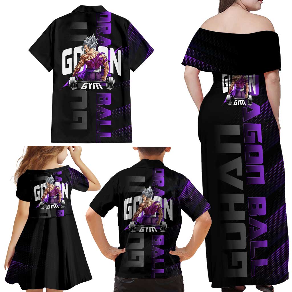 Gohan Dragon Ball Gym Theme Family Matching Off Shoulder Maxi Dress and Hawaiian Shirt with Dumbbell Power Lift and Electric Aura on Black and Purple Design