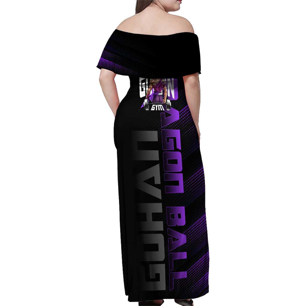 Gohan Dragon Ball Gym Theme Family Matching Off Shoulder Maxi Dress and Hawaiian Shirt with Dumbbell Power Lift and Electric Aura on Black and Purple Design