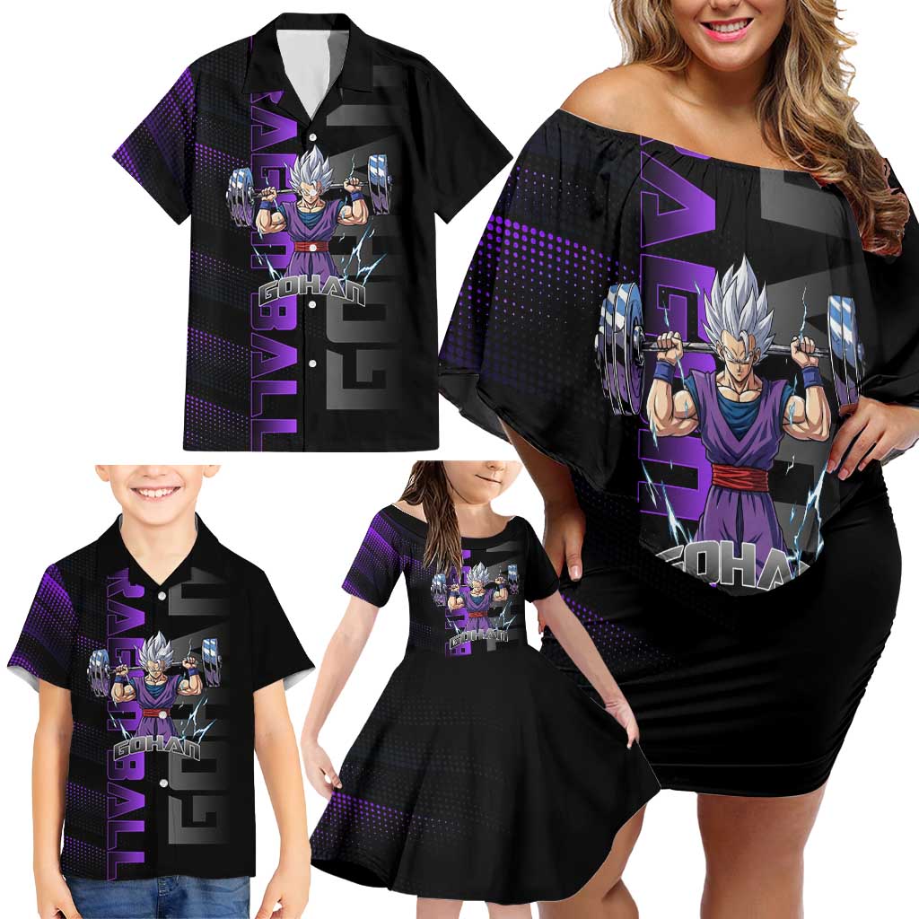 Gohan Dragon Ball Gym Theme Family Matching Off Shoulder Short Dress and Hawaiian Shirt with Dumbbell Power Lift and Electric Aura on Black and Purple Design