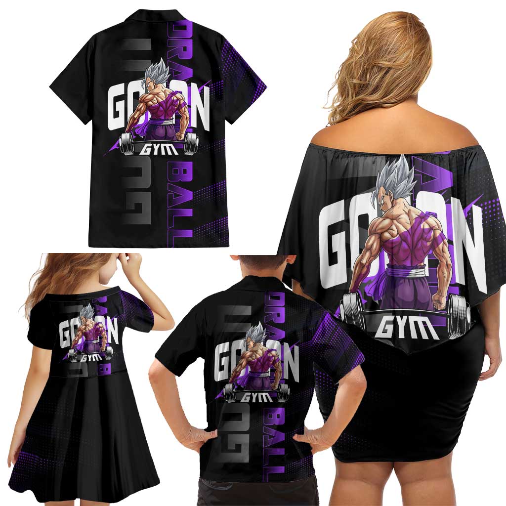 Gohan Dragon Ball Gym Theme Family Matching Off Shoulder Short Dress and Hawaiian Shirt with Dumbbell Power Lift and Electric Aura on Black and Purple Design