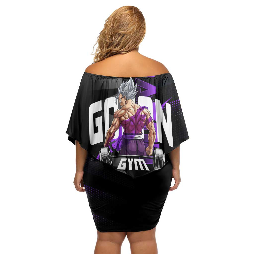 Gohan Dragon Ball Gym Theme Family Matching Off Shoulder Short Dress and Hawaiian Shirt with Dumbbell Power Lift and Electric Aura on Black and Purple Design