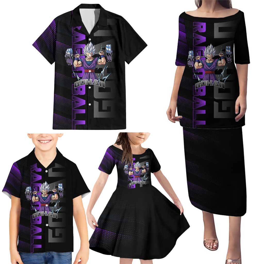 Gohan Dragon Ball Gym Theme Family Matching Puletasi and Hawaiian Shirt with Dumbbell Power Lift and Electric Aura on Black and Purple Design