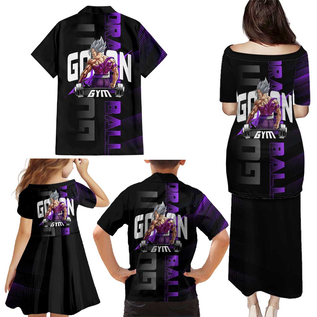 Gohan Dragon Ball Gym Theme Family Matching Puletasi and Hawaiian Shirt with Dumbbell Power Lift and Electric Aura on Black and Purple Design