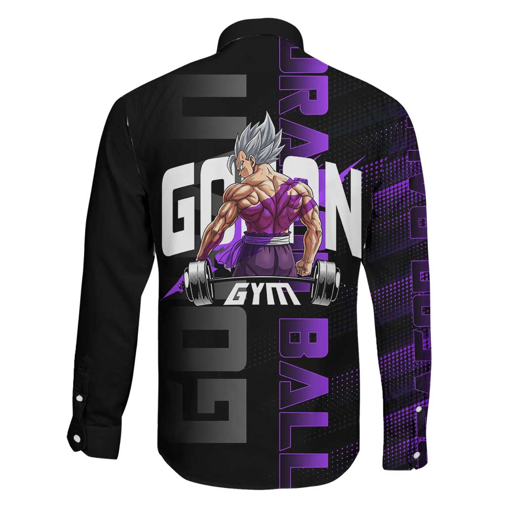 Gohan Dragon Ball Gym Theme Family Matching Puletasi and Hawaiian Shirt with Dumbbell Power Lift and Electric Aura on Black and Purple Design