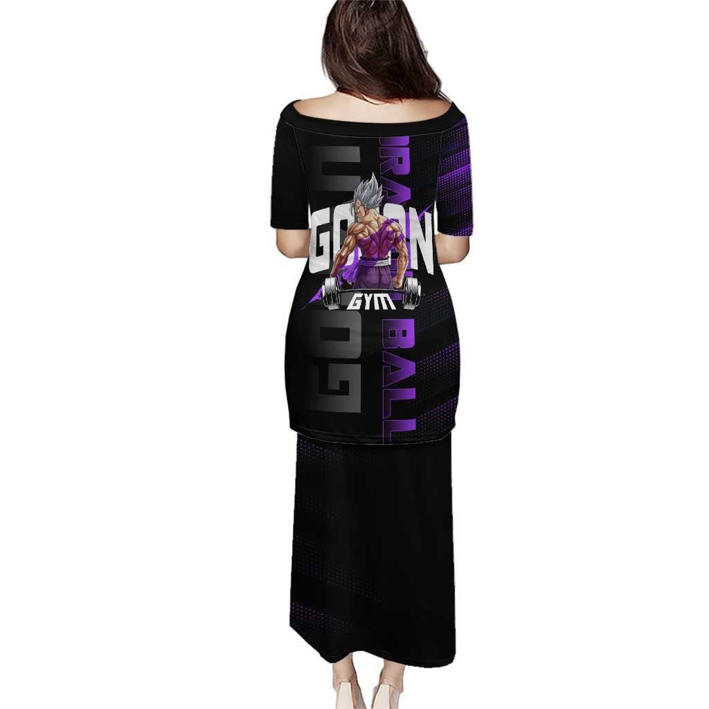 Gohan Dragon Ball Gym Theme Family Matching Puletasi and Hawaiian Shirt with Dumbbell Power Lift and Electric Aura on Black and Purple Design