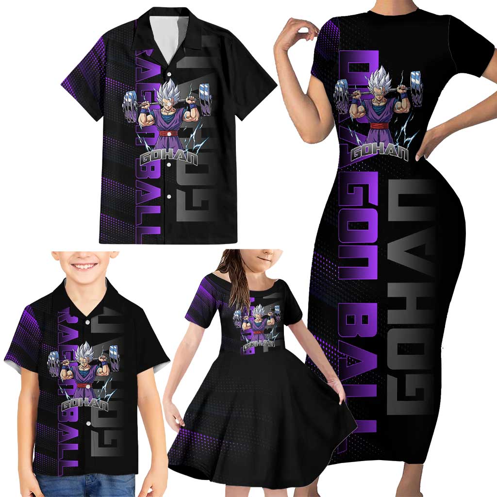 Gohan Dragon Ball Gym Theme Family Matching Short Sleeve Bodycon Dress and Hawaiian Shirt with Dumbbell Power Lift and Electric Aura on Black and Purple Design