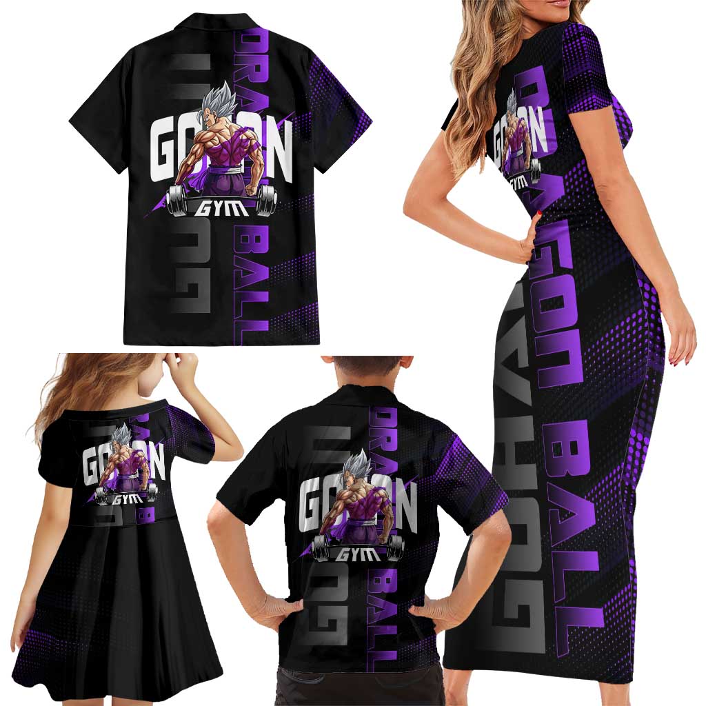 Gohan Dragon Ball Gym Theme Family Matching Short Sleeve Bodycon Dress and Hawaiian Shirt with Dumbbell Power Lift and Electric Aura on Black and Purple Design