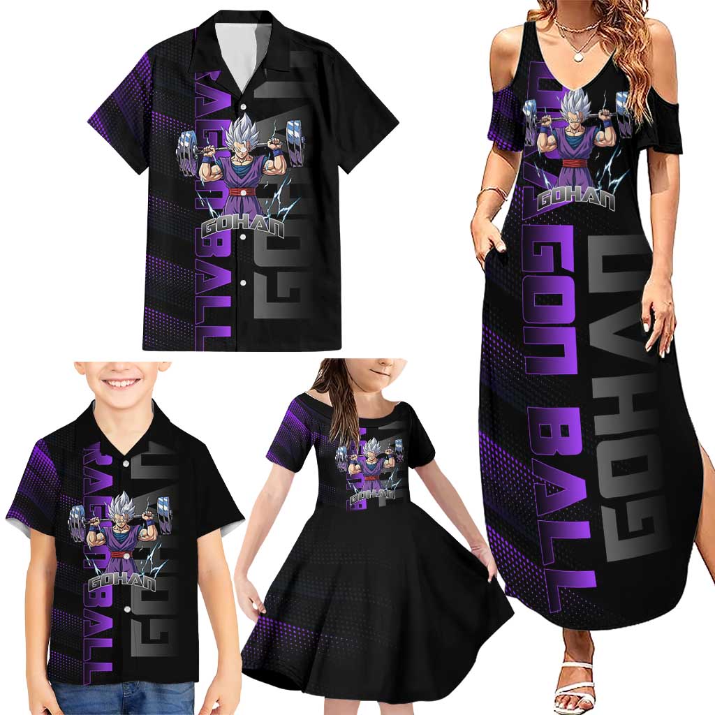 Gohan Dragon Ball Gym Theme Family Matching Summer Maxi Dress and Hawaiian Shirt with Dumbbell Power Lift and Electric Aura on Black and Purple Design