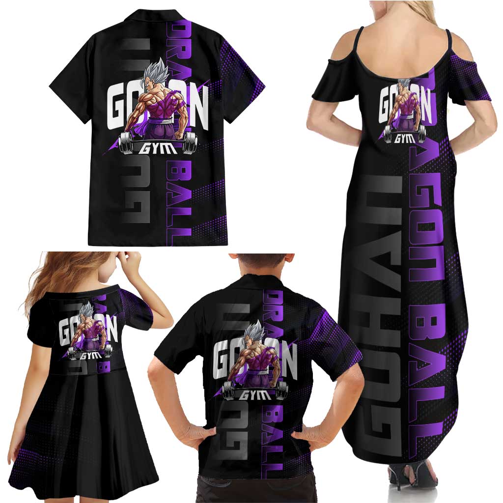 Gohan Dragon Ball Gym Theme Family Matching Summer Maxi Dress and Hawaiian Shirt with Dumbbell Power Lift and Electric Aura on Black and Purple Design