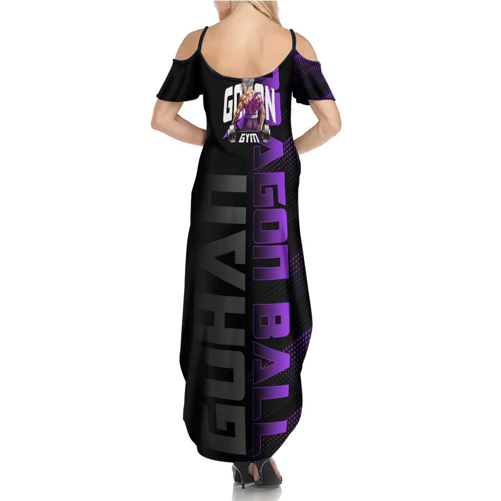 Gohan Dragon Ball Gym Theme Family Matching Summer Maxi Dress and Hawaiian Shirt with Dumbbell Power Lift and Electric Aura on Black and Purple Design