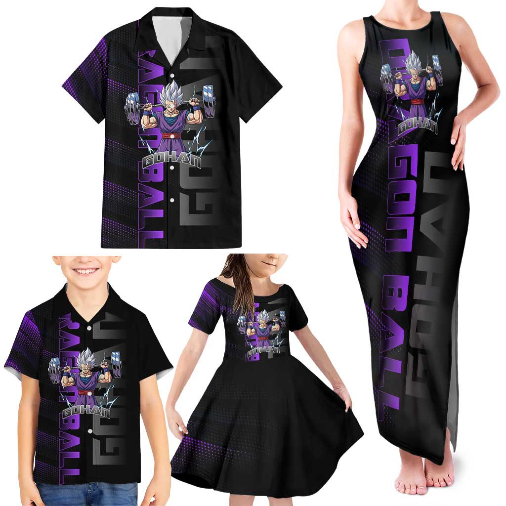 Gohan Dragon Ball Gym Theme Family Matching Tank Maxi Dress and Hawaiian Shirt with Dumbbell Power Lift and Electric Aura on Black and Purple Design
