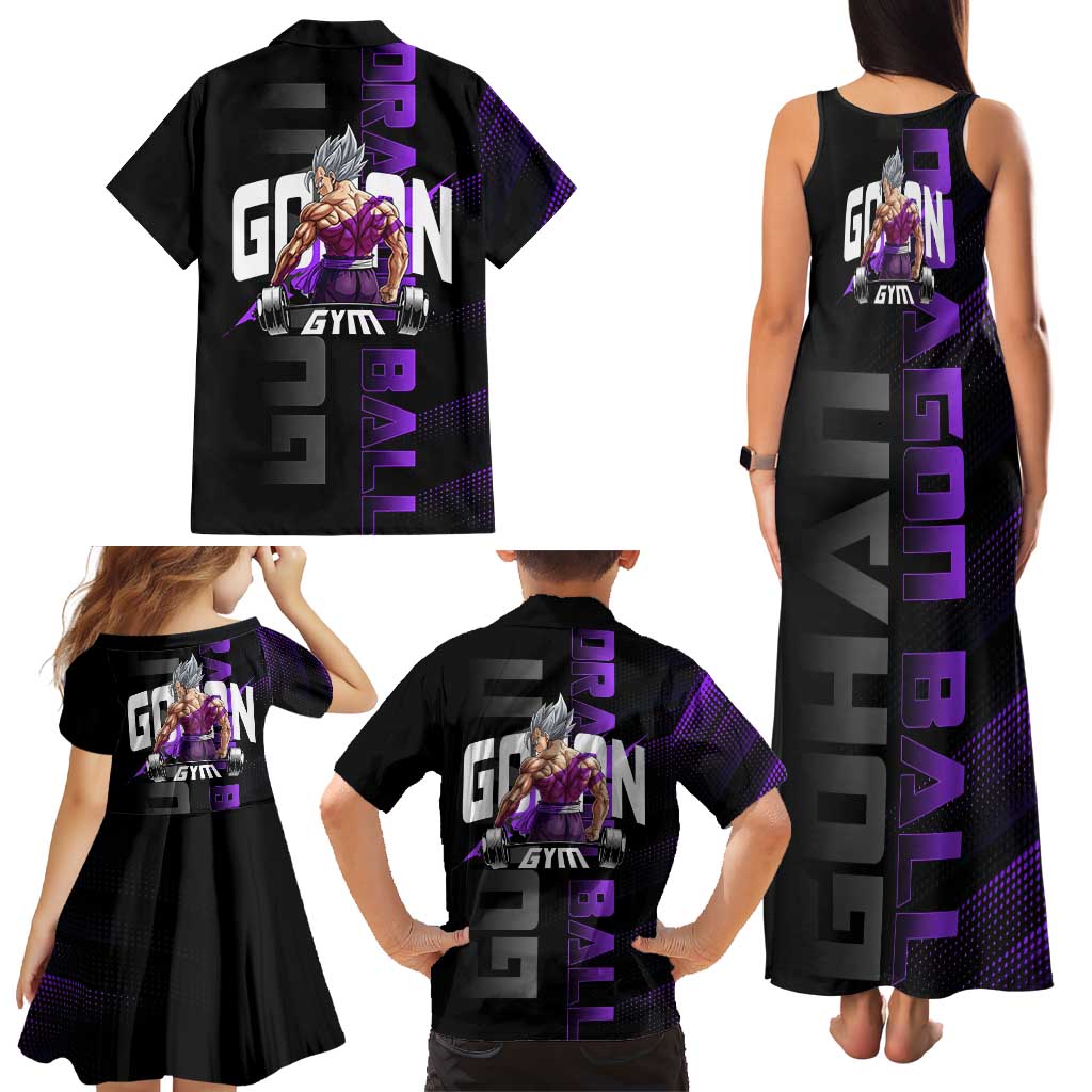 Gohan Dragon Ball Gym Theme Family Matching Tank Maxi Dress and Hawaiian Shirt with Dumbbell Power Lift and Electric Aura on Black and Purple Design