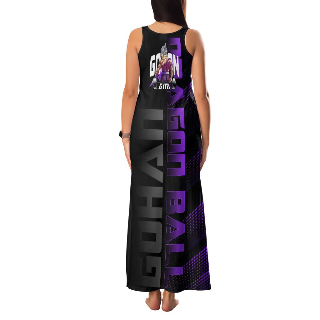 Gohan Dragon Ball Gym Theme Family Matching Tank Maxi Dress and Hawaiian Shirt with Dumbbell Power Lift and Electric Aura on Black and Purple Design