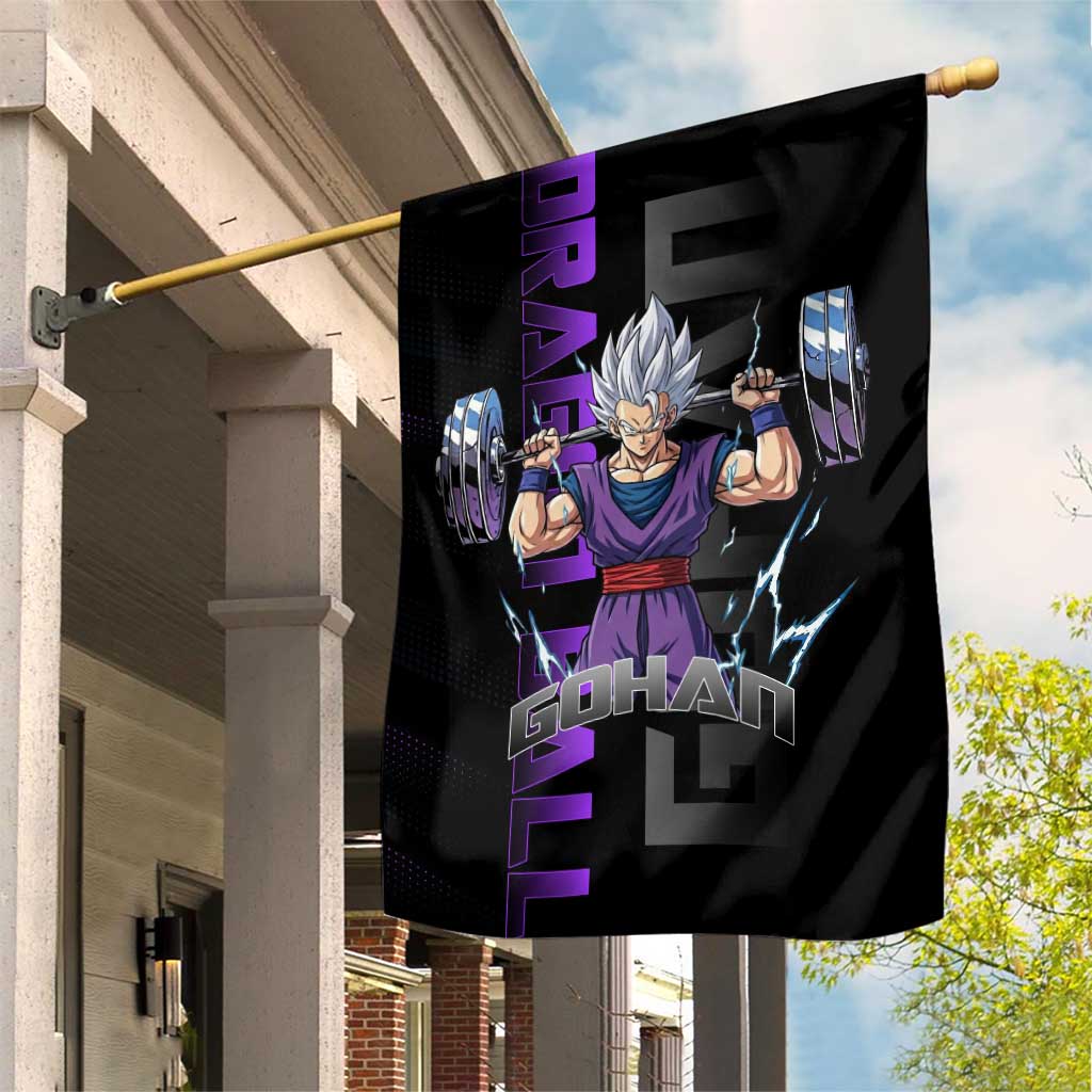 Gohan Dragon Ball Gym Theme Garden Flag with Dumbbell Power Lift and Electric Aura on Black and Purple Design - The Mazicc