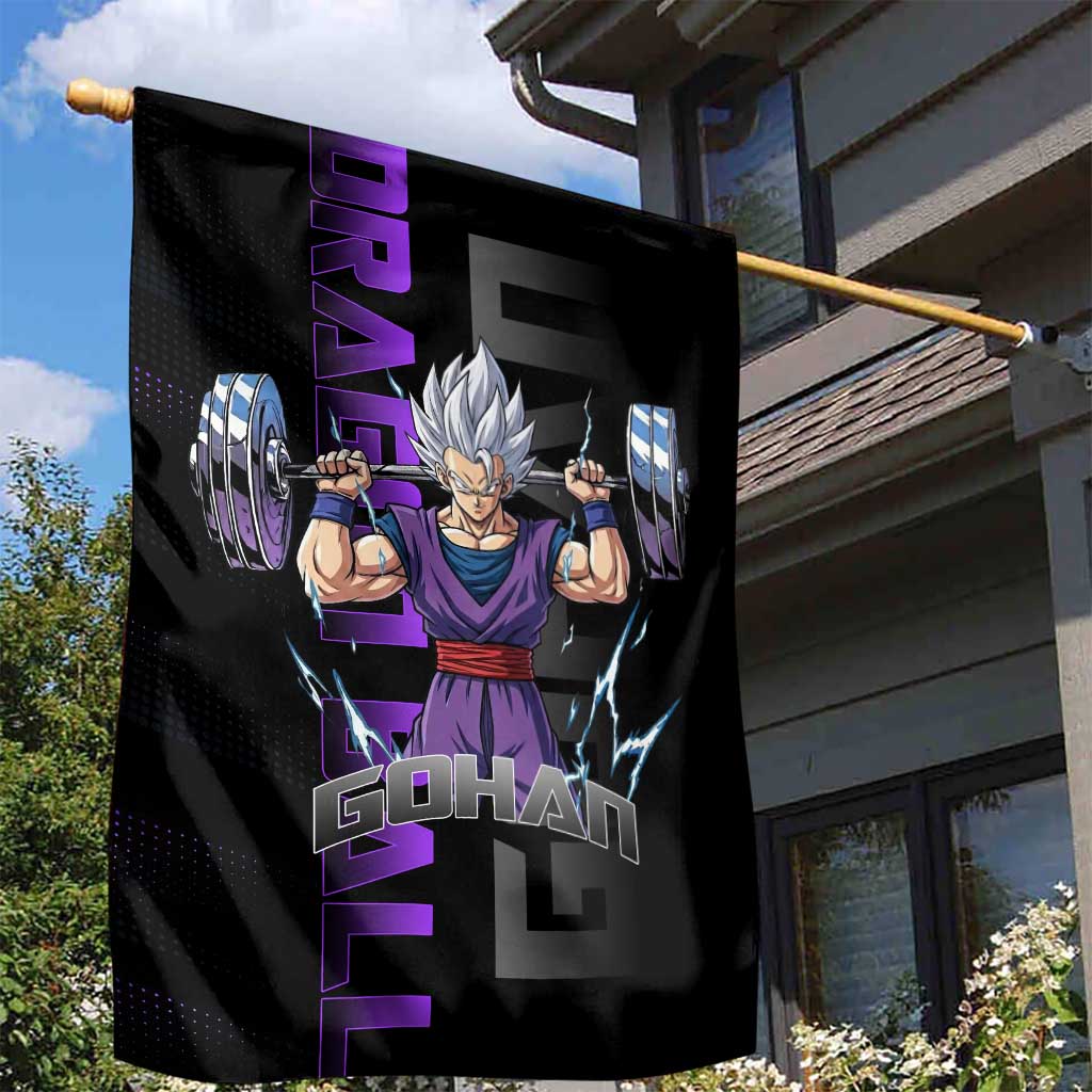 Gohan Dragon Ball Gym Theme Garden Flag with Dumbbell Power Lift and Electric Aura on Black and Purple Design - The Mazicc