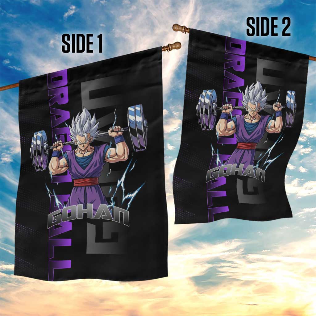 Gohan Dragon Ball Gym Theme Garden Flag with Dumbbell Power Lift and Electric Aura on Black and Purple Design - The Mazicc