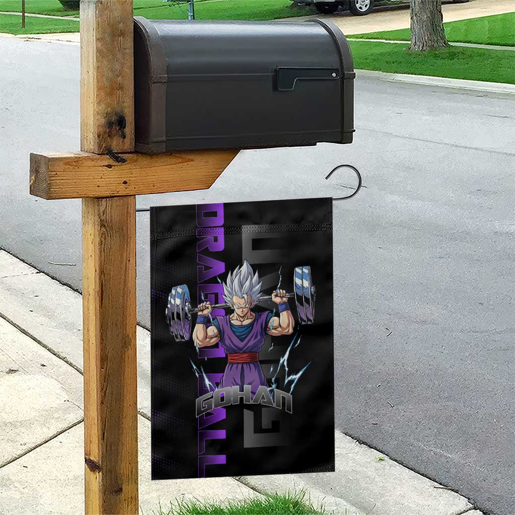Gohan Dragon Ball Gym Theme Garden Flag with Dumbbell Power Lift and Electric Aura on Black and Purple Design - The Mazicc