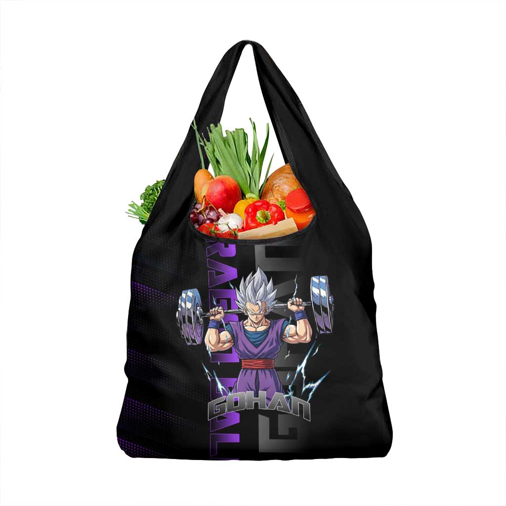 Gohan Dragon Ball Gym Theme Grocery Bag with Dumbbell Power Lift and Electric Aura on Black and Purple Design - The Mazicc