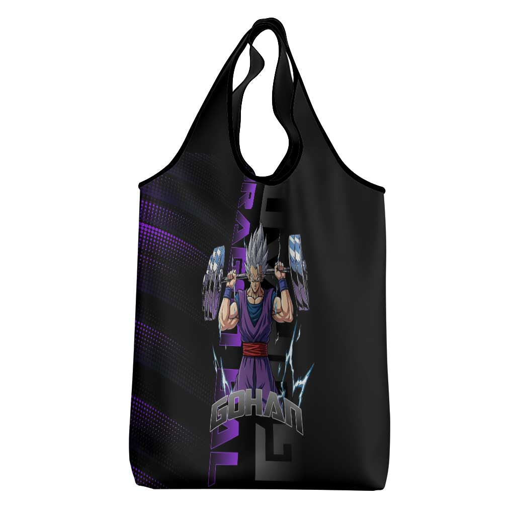 Gohan Dragon Ball Gym Theme Grocery Bag with Dumbbell Power Lift and Electric Aura on Black and Purple Design - The Mazicc