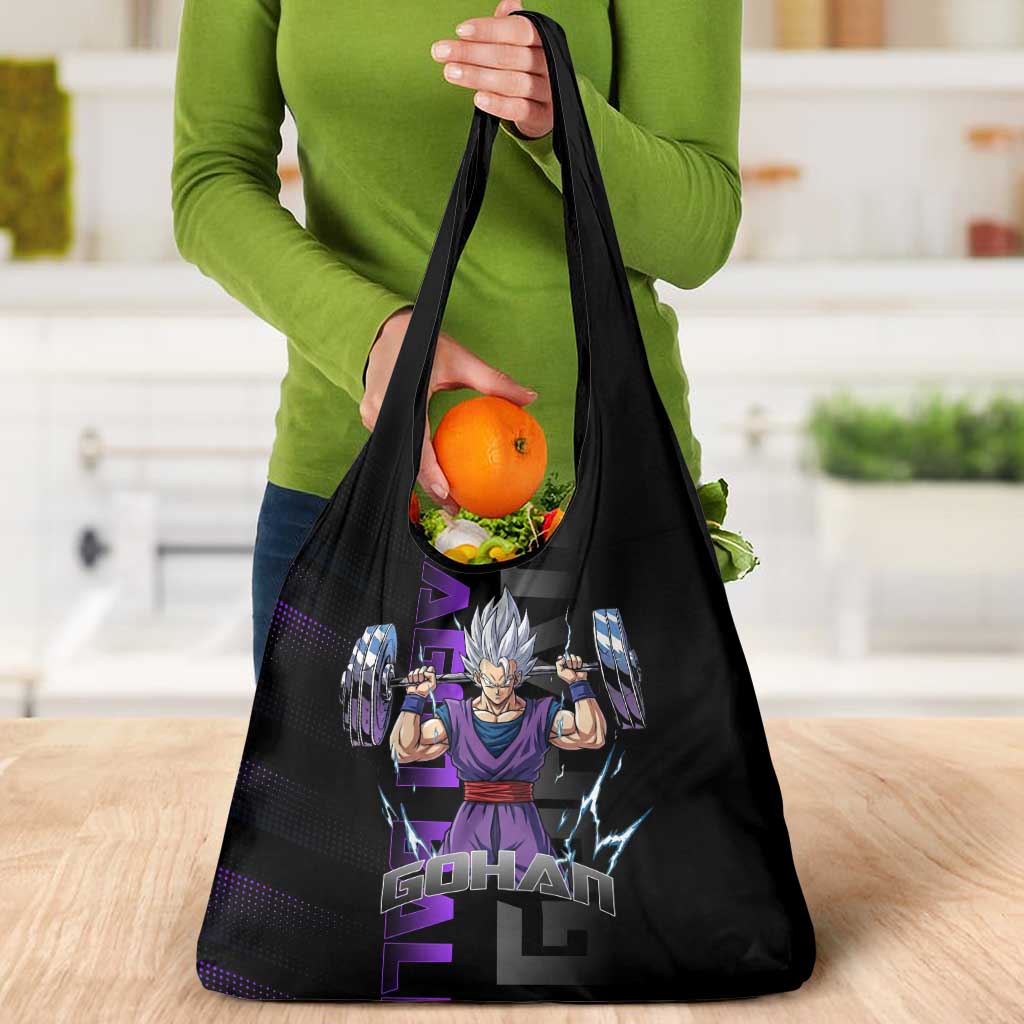 Gohan Dragon Ball Gym Theme Grocery Bag with Dumbbell Power Lift and Electric Aura on Black and Purple Design - The Mazicc