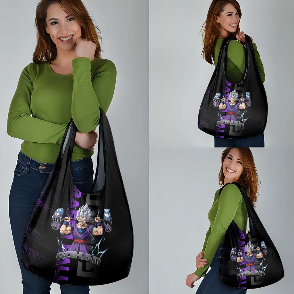 Gohan Dragon Ball Gym Theme Grocery Bag with Dumbbell Power Lift and Electric Aura on Black and Purple Design - The Mazicc