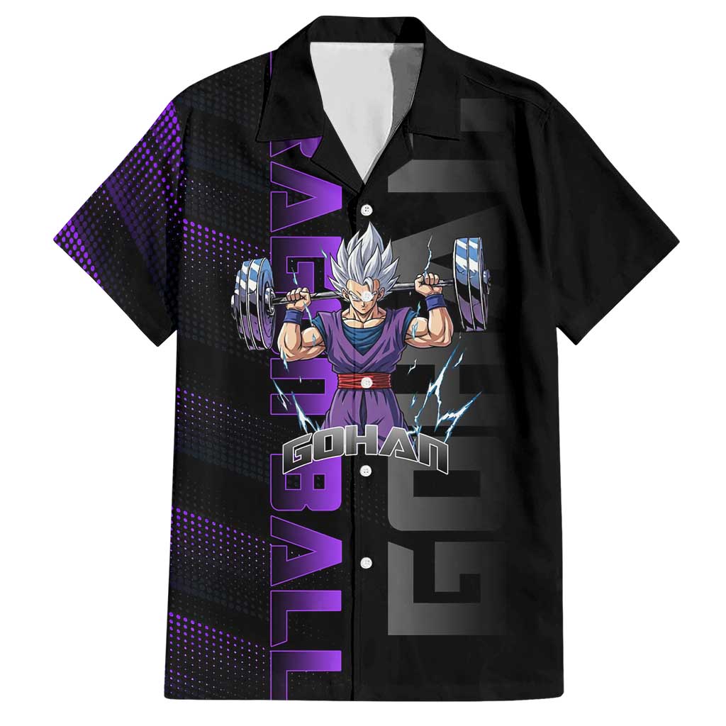 Gohan Dragon Ball Gym Theme Hawaiian Shirt with Dumbbell Power Lift and Electric Aura on Black and Purple Design - The Mazicc