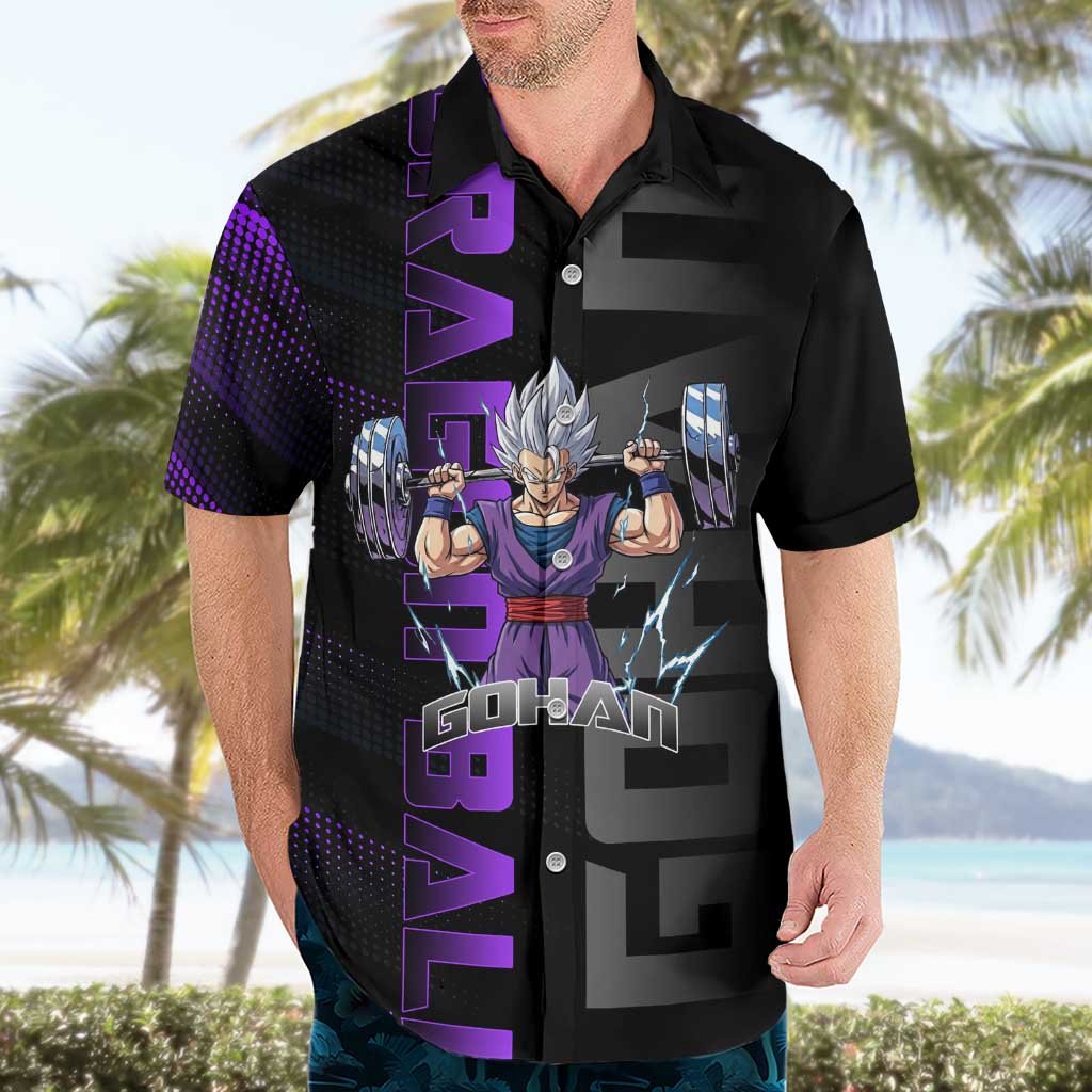 Gohan Dragon Ball Gym Theme Hawaiian Shirt with Dumbbell Power Lift and Electric Aura on Black and Purple Design - The Mazicc