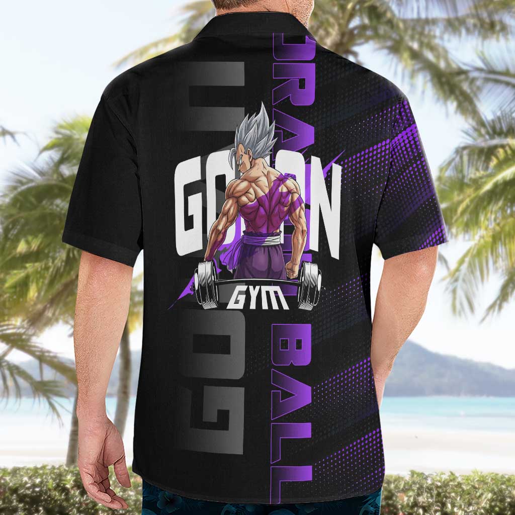 Gohan Dragon Ball Gym Theme Hawaiian Shirt with Dumbbell Power Lift and Electric Aura on Black and Purple Design - The Mazicc