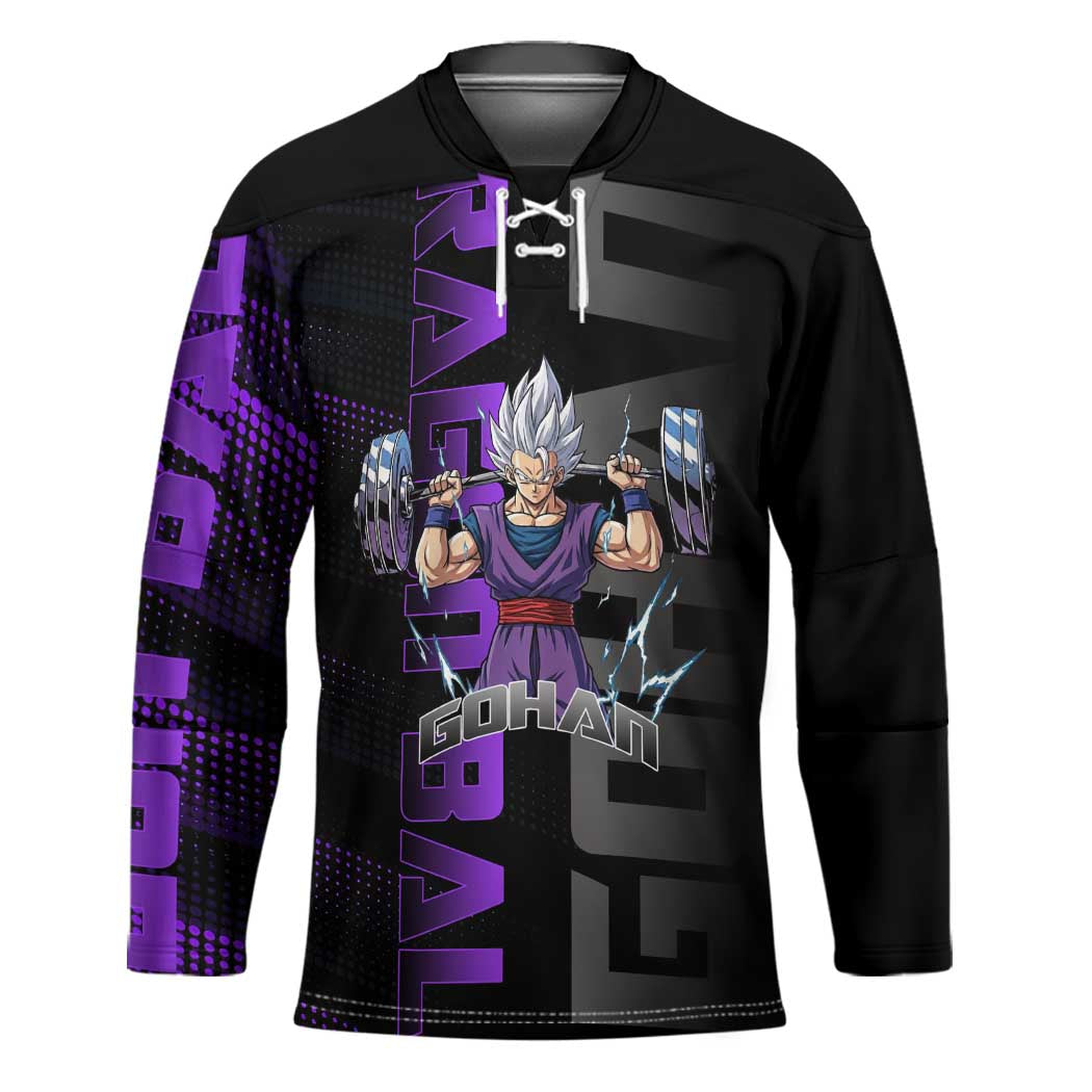 Gohan Dragon Ball Gym Theme Hockey Jersey with Dumbbell Power Lift and Electric Aura on Black and Purple Design - The Mazicc