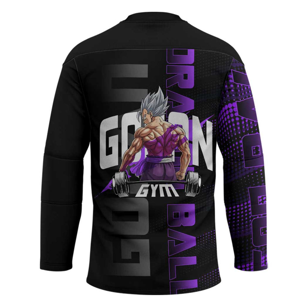 Gohan Dragon Ball Gym Theme Hockey Jersey with Dumbbell Power Lift and Electric Aura on Black and Purple Design - The Mazicc
