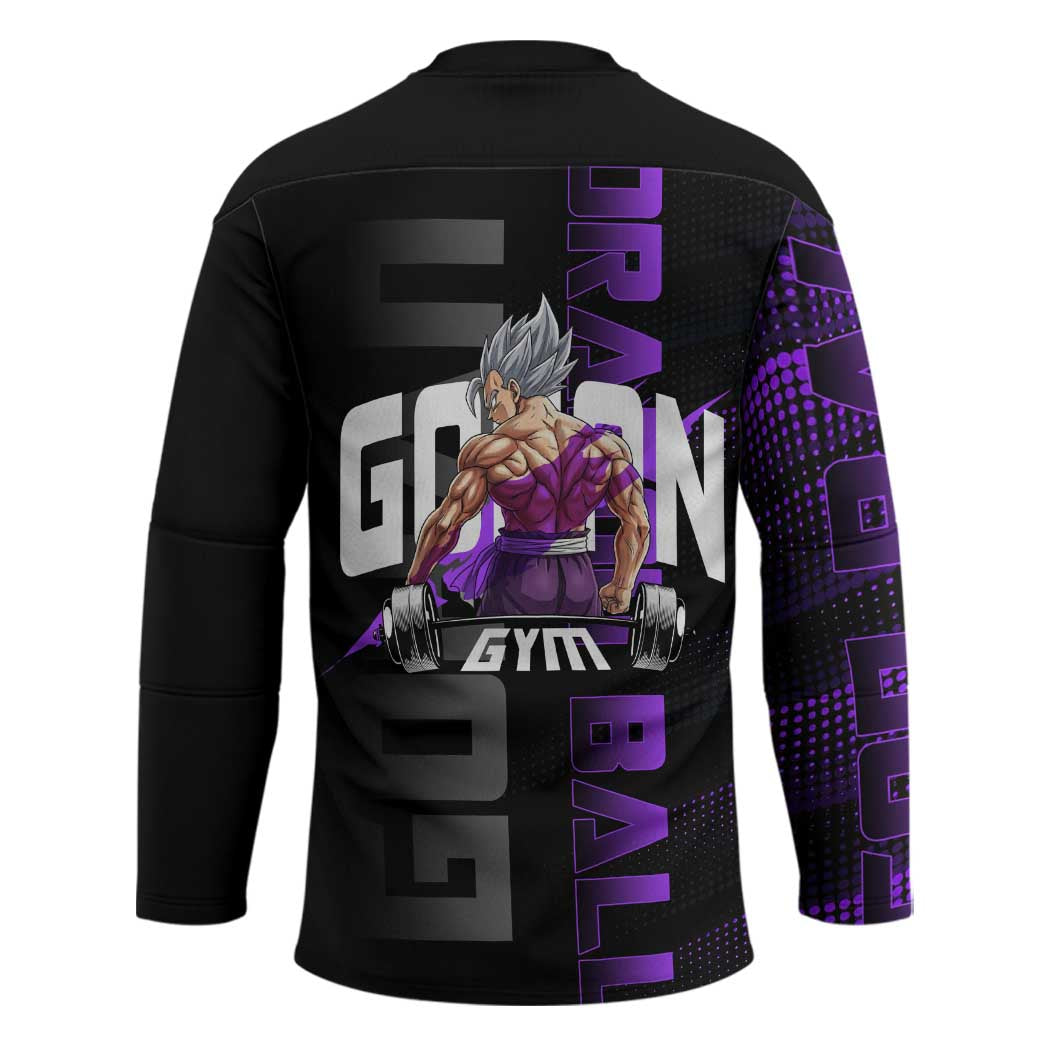 Gohan Dragon Ball Gym Theme Hockey Jersey with Dumbbell Power Lift and Electric Aura on Black and Purple Design - The Mazicc