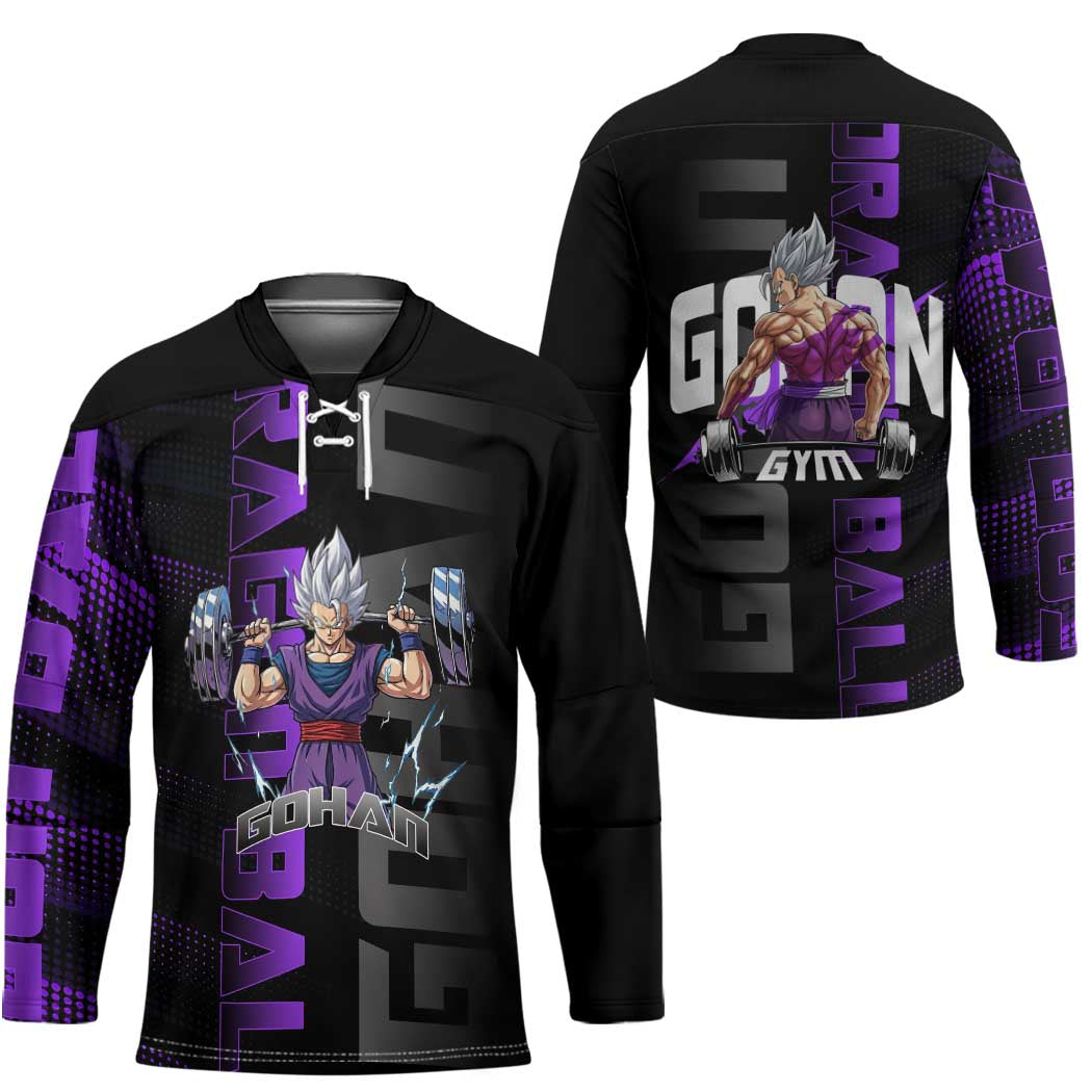 Gohan Dragon Ball Gym Theme Hockey Jersey with Dumbbell Power Lift and Electric Aura on Black and Purple Design - The Mazicc