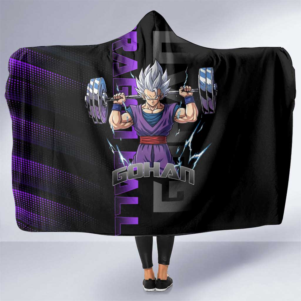 Gohan Dragon Ball Gym Theme Hooded Blanket with Dumbbell Power Lift and Electric Aura on Black and Purple Design - The Mazicc