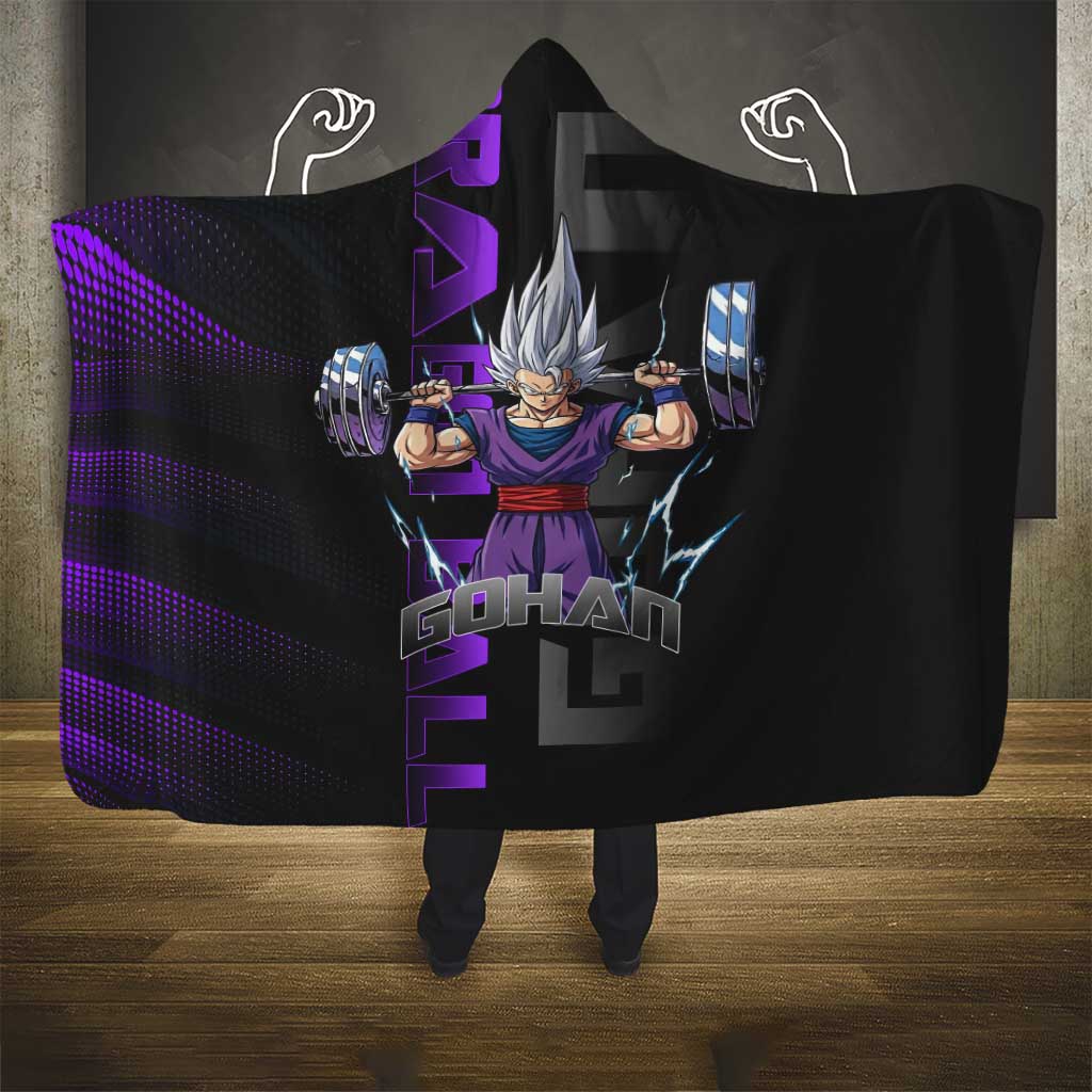 Gohan Dragon Ball Gym Theme Hooded Blanket with Dumbbell Power Lift and Electric Aura on Black and Purple Design - The Mazicc
