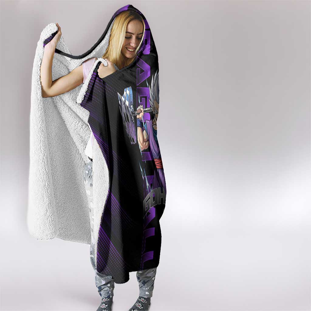 Gohan Dragon Ball Gym Theme Hooded Blanket with Dumbbell Power Lift and Electric Aura on Black and Purple Design - The Mazicc