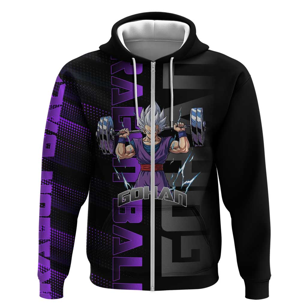 Gohan Dragon Ball Gym Theme Hoodie with Dumbbell Power Lift and Electric Aura on Black and Purple Design - The Mazicc