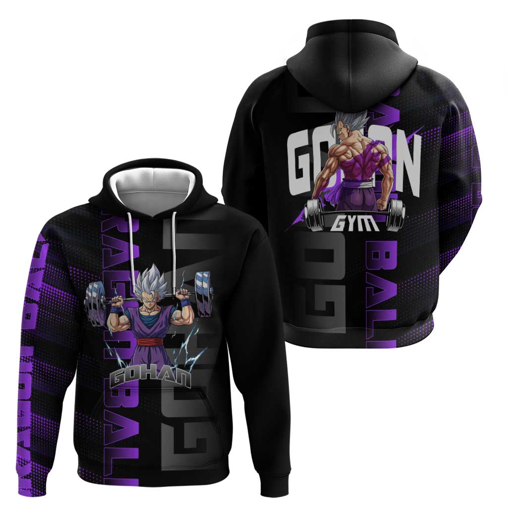 Gohan Dragon Ball Gym Theme Hoodie with Dumbbell Power Lift and Electric Aura on Black and Purple Design - The Mazicc