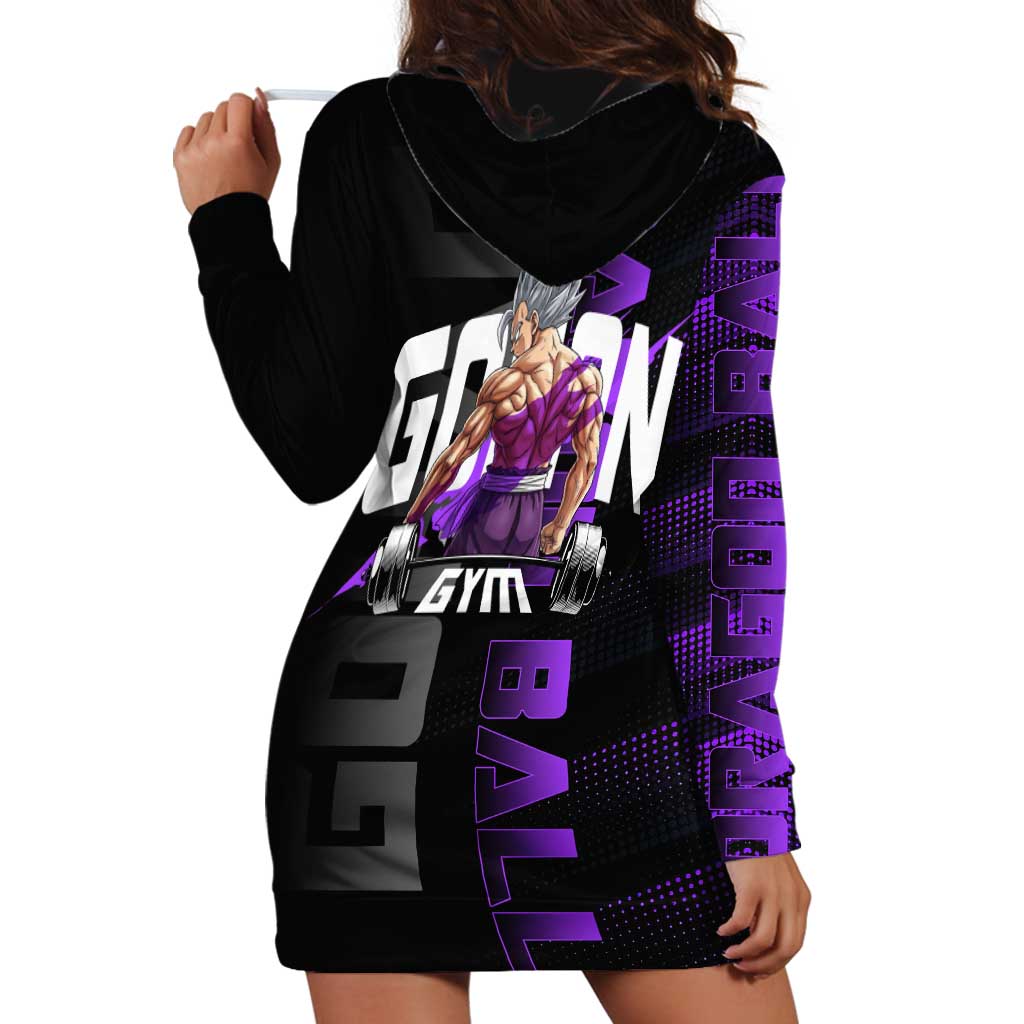 Gohan Dragon Ball Gym Theme Hoodie Dress with Dumbbell Power Lift and Electric Aura on Black and Purple Design - The Mazicc