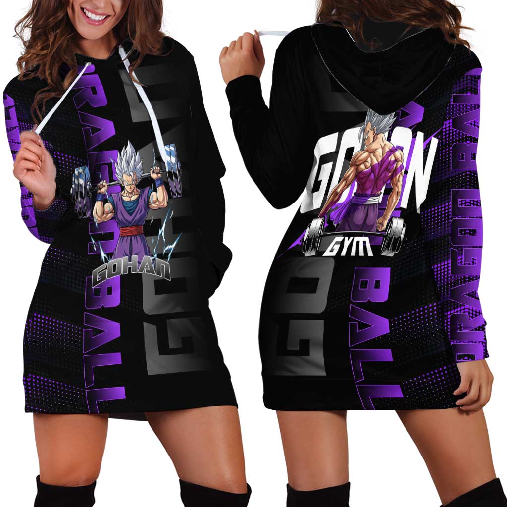 Gohan Dragon Ball Gym Theme Hoodie Dress with Dumbbell Power Lift and Electric Aura on Black and Purple Design - The Mazicc