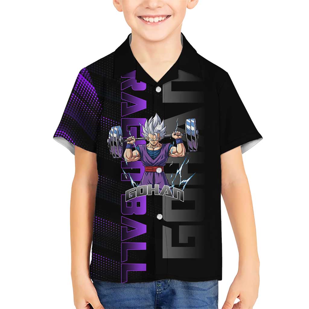 Gohan Dragon Ball Gym Theme Kid Hawaiian Shirt with Dumbbell Power Lift and Electric Aura on Black and Purple Design - The Mazicc