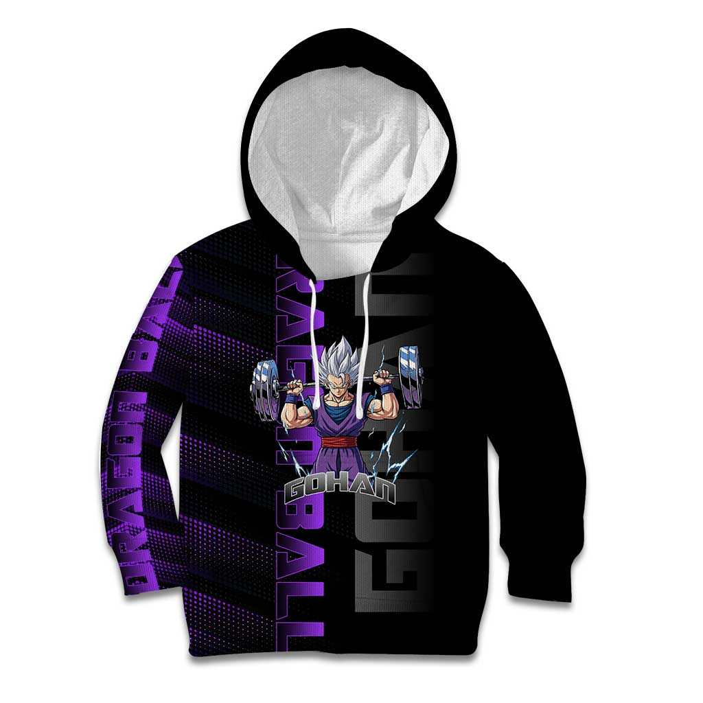 Gohan Dragon Ball Gym Theme Kid Hoodie with Dumbbell Power Lift and Electric Aura on Black and Purple Design - The Mazicc