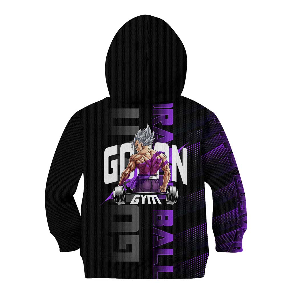 Gohan Dragon Ball Gym Theme Kid Hoodie with Dumbbell Power Lift and Electric Aura on Black and Purple Design - The Mazicc